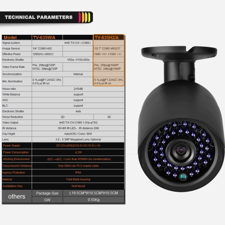 TV-635H2/A IP66 Waterproof 1920x1080P AHD Camera, 1/2.7 inch 2MP CMOS Sensor Lens, Motion Detection, 20m IR Night Vision, CE & RoHS Certificated, TV-635H2/A TV-635H2/A IP66 Waterproof 1920x1080P AHD Camera, 1/2.7 inch 2MP CMOS Sensor Lens, Motion Detection, 20m IR Night Vision, CE & RoHS Certificated, TV-635H2/A